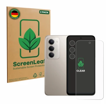 Parte frontal de un envase de producto con el logotipo de la marca ScreenLeaf. Al lado se muestra el dispositivo Xiaomi Redmi 