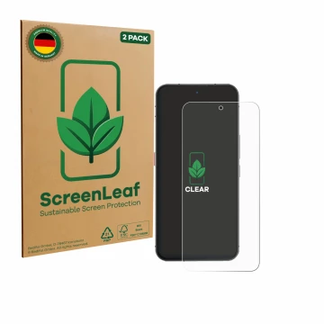 Parte frontal de un envase de producto con el logotipo de la marca ScreenLeaf. Al lado se muestra el dispositivo Oukitel WP210