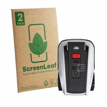 Parte frontal de un envase de producto con el logotipo de la marca ScreenLeaf. Al lado se muestra el dispositivo Ecovacs Goat 