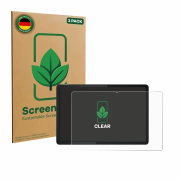 Parte frontal de un envase de producto con el logotipo de la marca ScreenLeaf. Al lado se muestra el dispositivo Lenovo Tab K1