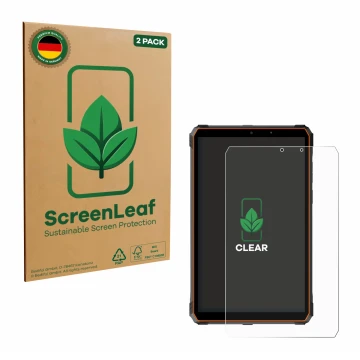 Parte frontal de un envase de producto con el logotipo de la marca ScreenLeaf. Al lado se muestra el dispositivo Blackview Act