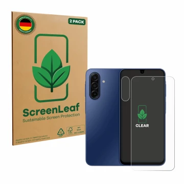 Parte frontal de un envase de producto con el logotipo de la marca ScreenLeaf. Al lado se muestra el dispositivo Samsung Galax
