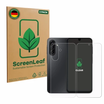 Parte frontal de un envase de producto con el logotipo de la marca ScreenLeaf. Al lado se muestra el dispositivo Samsung Galax