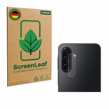 Parte frontal de un envase de producto con el logotipo de la marca ScreenLeaf. Al lado se muestra el dispositivo Samsung Galax