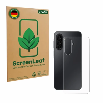 Parte frontal de un envase de producto con el logotipo de la marca ScreenLeaf. Al lado se muestra el dispositivo Samsung Galax