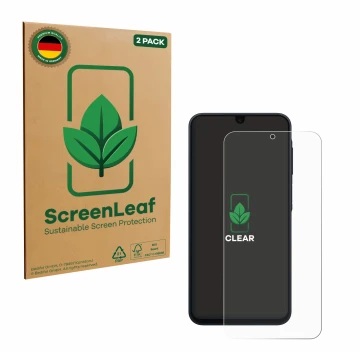 Parte frontal de un envase de producto con el logotipo de la marca ScreenLeaf. Al lado se muestra el dispositivo Samsung Galax