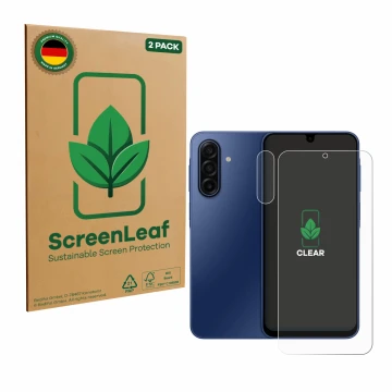 Parte frontal de un envase de producto con el logotipo de la marca ScreenLeaf. Al lado se muestra el dispositivo Samsung Galax