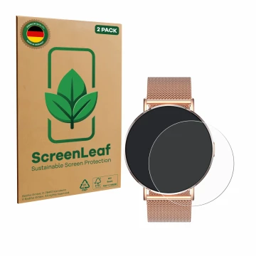 Parte frontal de un envase de producto con el logotipo de la marca ScreenLeaf. Al lado se muestra el dispositivo Levowatch Eve
