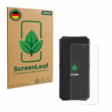 Parte frontal de un envase de producto con el logotipo de la marca ScreenLeaf. Al lado se muestra el dispositivo Cubot King Ko