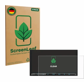 Parte frontal de un envase de producto con el logotipo de la marca ScreenLeaf. Al lado se muestra el dispositivo Kenwood DMX80