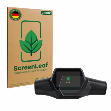 Parte frontal de un envase de producto con el logotipo de la marca ScreenLeaf. Al lado se muestra el dispositivo Segway Ninebo