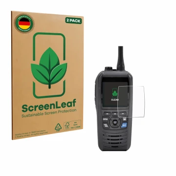 Parte frontal de un envase de producto con el logotipo de la marca ScreenLeaf. Al lado se muestra el dispositivo Icom IC-M94D 