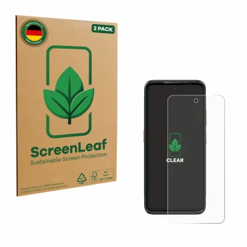 Parte frontal de un envase de producto con el logotipo de la marca ScreenLeaf. Al lado se muestra el dispositivo Ulefone Armor