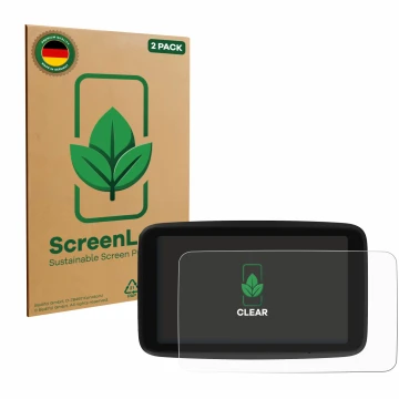 Parte frontal de un envase de producto con el logotipo de la marca ScreenLeaf. Al lado se muestra el dispositivo TomTom GO Cla