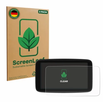 Parte frontal de un envase de producto con el logotipo de la marca ScreenLeaf. Al lado se muestra el dispositivo TomTom GO Cla