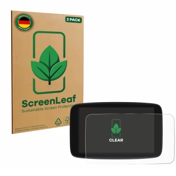 Parte frontal de un envase de producto con el logotipo de la marca ScreenLeaf. Al lado se muestra el dispositivo TomTom Go Nav
