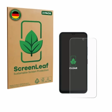 Parte frontal de un envase de producto con el logotipo de la marca ScreenLeaf. Al lado se muestra el dispositivo Telekom T Pho