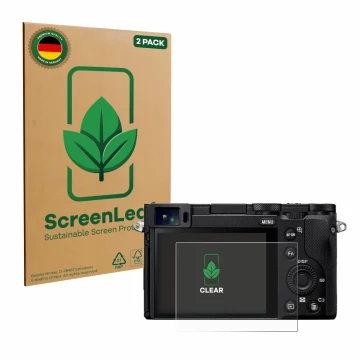 Parte frontal de un envase de producto con el logotipo de la marca ScreenLeaf. Al lado se muestra el dispositivo Sony RX1R III