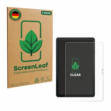 Parte frontal de un envase de producto con el logotipo de la marca ScreenLeaf. Al lado se muestra el dispositivo Telekom T Tab