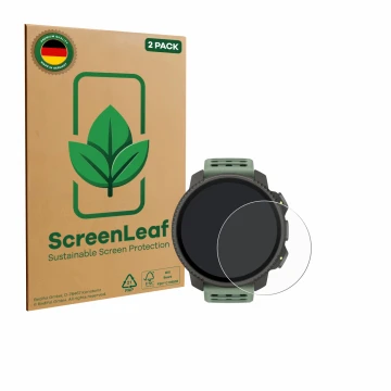 Parte frontal de un envase de producto con el logotipo de la marca ScreenLeaf. Al lado se muestra el dispositivo Suunto Vertic