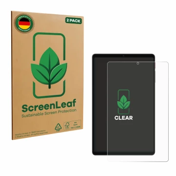 Parte frontal de un envase de producto con el logotipo de la marca ScreenLeaf. Al lado se muestra el dispositivo Alldocube iPl