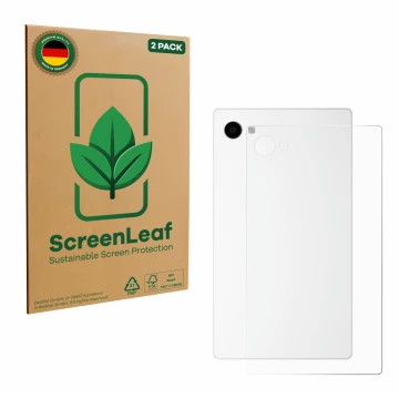 Parte frontal de un envase de producto con el logotipo de la marca ScreenLeaf. Al lado se muestra el dispositivo The Minimal C