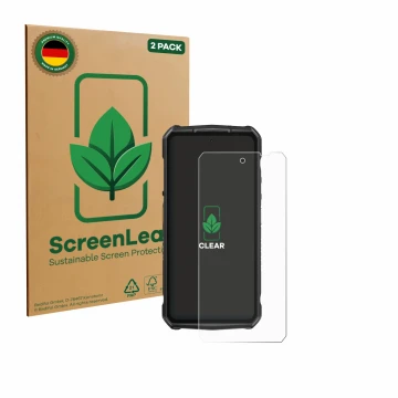 Parte frontal de un envase de producto con el logotipo de la marca ScreenLeaf. Al lado se muestra el dispositivo Ulefone Armor