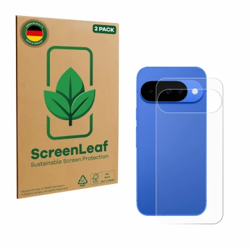 Parte frontal de un envase de producto con el logotipo de la marca ScreenLeaf. Al lado se muestra el dispositivo Google Pixel 