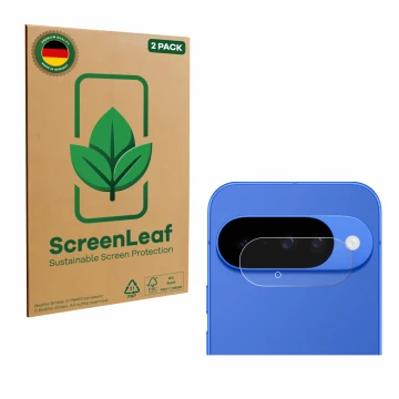 Parte frontal de un envase de producto con el logotipo de la marca ScreenLeaf. Al lado se muestra el dispositivo Google Pixel 