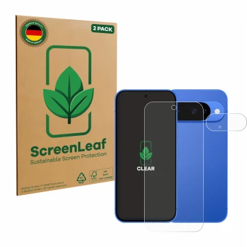 Parte frontal de un envase de producto con el logotipo de la marca ScreenLeaf. Al lado se muestra el dispositivo Google Pixel 