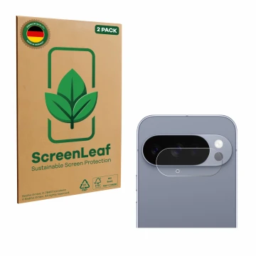 Parte frontal de un envase de producto con el logotipo de la marca ScreenLeaf. Al lado se muestra el dispositivo Google Pixel 