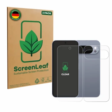 Parte frontal de un envase de producto con el logotipo de la marca ScreenLeaf. Al lado se muestra el dispositivo Google Pixel 