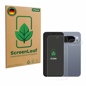 Parte frontal de un envase de producto con el logotipo de la marca ScreenLeaf. Al lado se muestra el dispositivo Google Pixel 