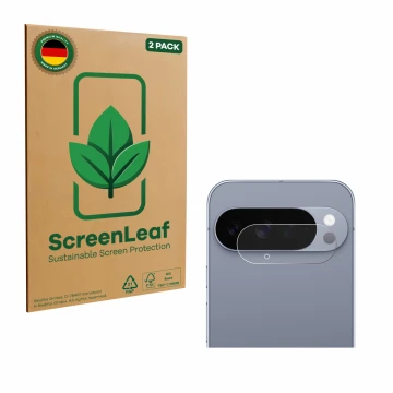 Parte frontal de un envase de producto con el logotipo de la marca ScreenLeaf. Al lado se muestra el dispositivo Google Pixel 