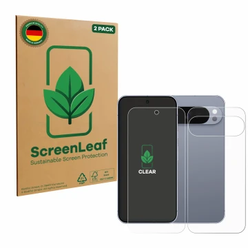 Parte frontal de un envase de producto con el logotipo de la marca ScreenLeaf. Al lado se muestra el dispositivo Google Pixel 
