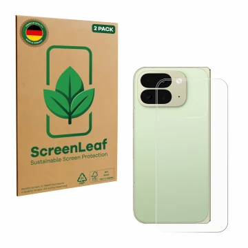 Parte frontal de un envase de producto con el logotipo de la marca ScreenLeaf. Al lado se muestra el dispositivo Google Pixel 