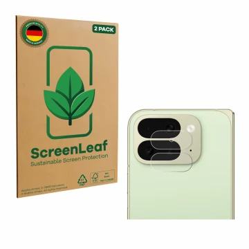 Parte frontal de un envase de producto con el logotipo de la marca ScreenLeaf. Al lado se muestra el dispositivo Google Pixel 