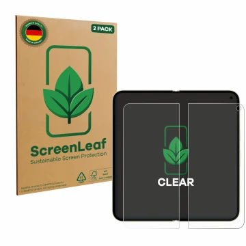 Parte frontal de un envase de producto con el logotipo de la marca ScreenLeaf. Al lado se muestra el dispositivo Google Pixel 