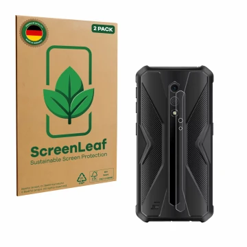 Parte frontal de un envase de producto con el logotipo de la marca ScreenLeaf. Al lado se muestra el dispositivo Ulefone Armor