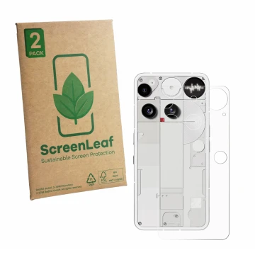 Parte frontal de un envase de producto con el logotipo de la marca ScreenLeaf. Al lado se muestra el dispositivo Nothing Phone