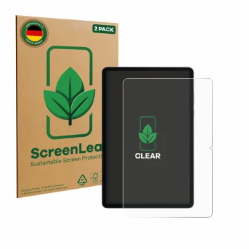Parte frontal de un envase de producto con el logotipo de la marca ScreenLeaf. Al lado se muestra el dispositivo Samsung Galax