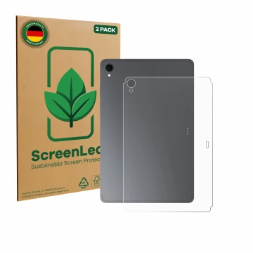Parte frontal de un envase de producto con el logotipo de la marca ScreenLeaf. Al lado se muestra el dispositivo Samsung Galax