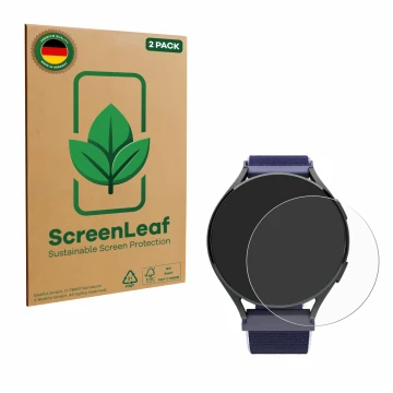 Parte frontal de un envase de producto con el logotipo de la marca ScreenLeaf. Al lado se muestra el dispositivo Patronus Notf