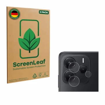 Parte frontal de un envase de producto con el logotipo de la marca ScreenLeaf. Al lado se muestra el dispositivo Xiaomi Redmi 