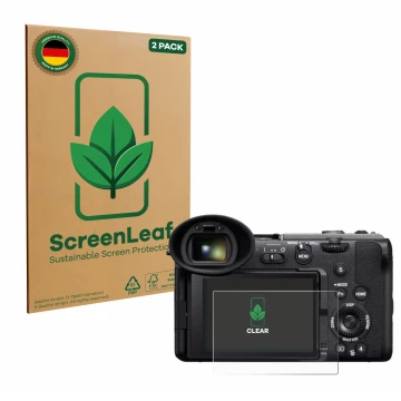 Parte frontal de un envase de producto con el logotipo de la marca ScreenLeaf. Al lado se muestra el dispositivo Sony Cinema L