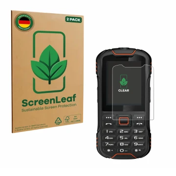 Parte frontal de un envase de producto con el logotipo de la marca ScreenLeaf. Al lado se muestra el dispositivo Gigaset GLX8 