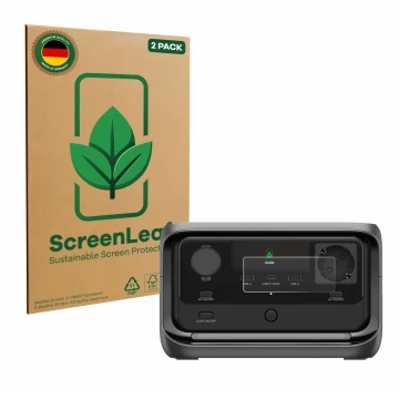 Parte frontal de un envase de producto con el logotipo de la marca ScreenLeaf. Al lado se muestra el dispositivo EcoFlow River