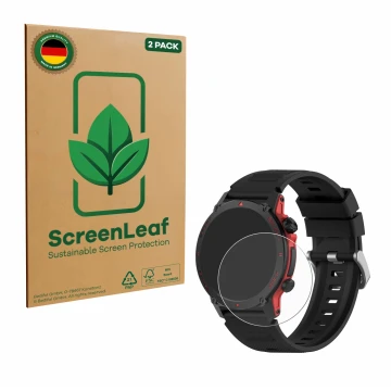 Parte frontal de un envase de producto con el logotipo de la marca ScreenLeaf. Al lado se muestra el dispositivo Popglory S136