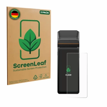 Parte frontal de un envase de producto con el logotipo de la marca ScreenLeaf. Al lado se muestra el dispositivo Sunmi V3H con