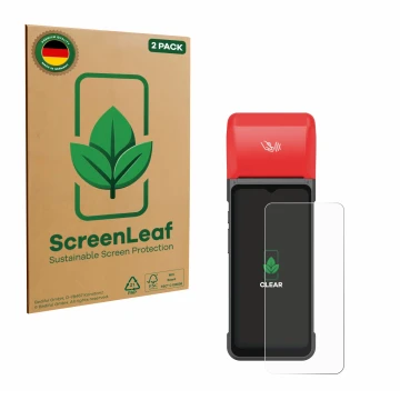 Parte frontal de un envase de producto con el logotipo de la marca ScreenLeaf. Al lado se muestra el dispositivo iMin Swift 2 